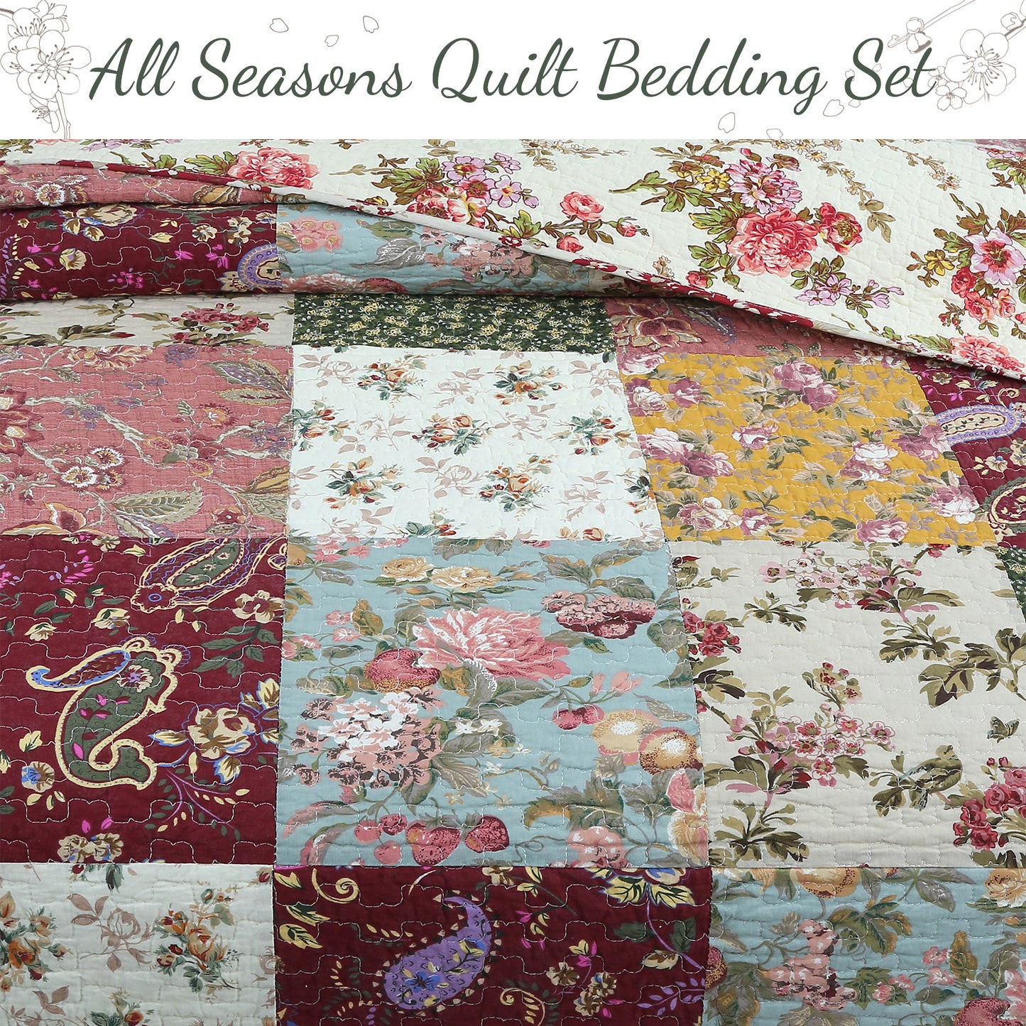 Country Vintage Farmhouse Multicolor Floral Paisley Patchwork Cotton Quilt Bedding Set