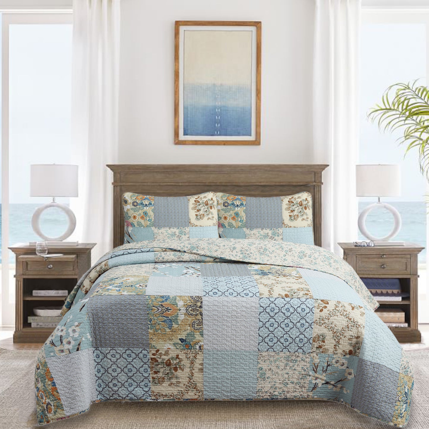 Sky Blue Floral Patens Ogee Patchwork Cotton Quilt Bedding Set