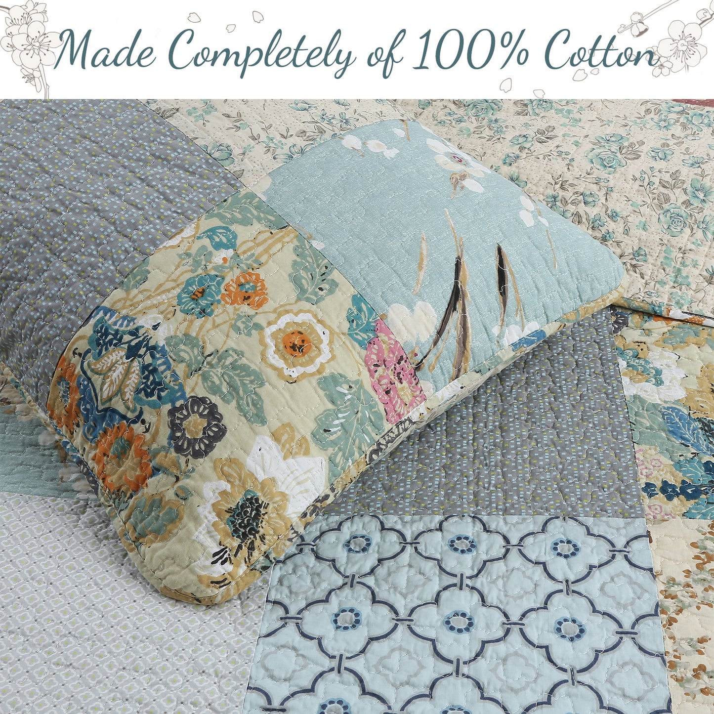 Sky Blue Floral Patens Ogee Patchwork Cotton Quilt Bedding Set