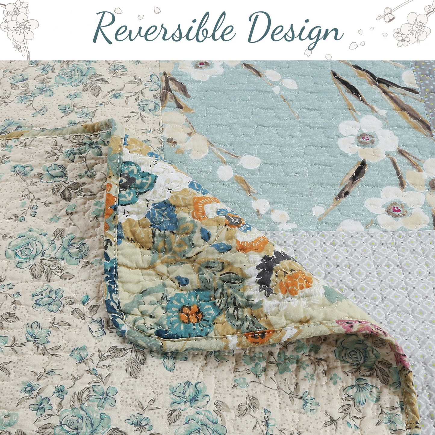 Sky Blue Floral Patens Ogee Patchwork Cotton Quilt Bedding Set