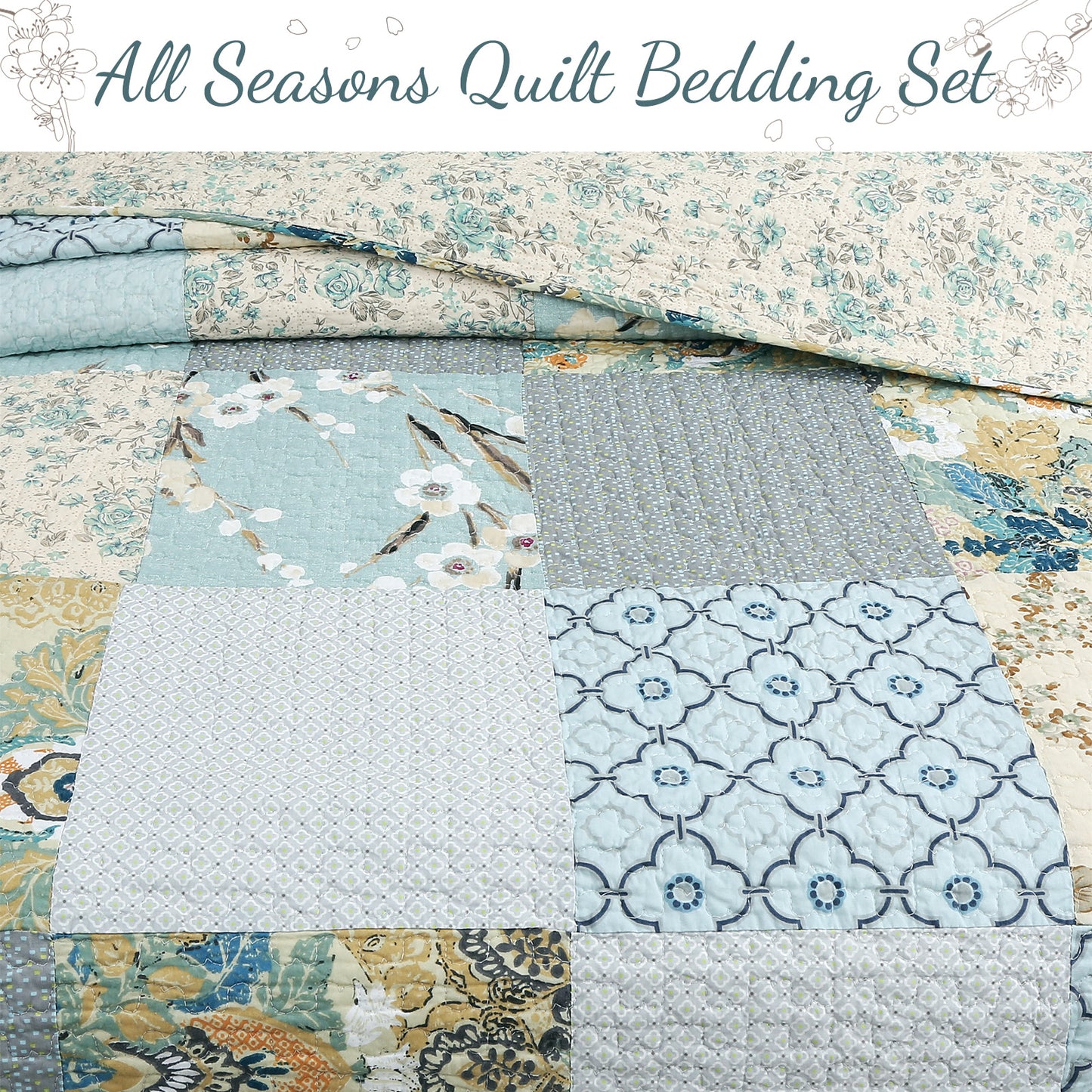 Sky Blue Floral Patens Ogee Patchwork Cotton Quilt Bedding Set