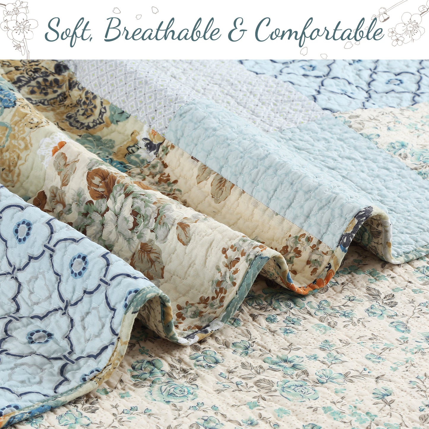 Sky Blue Floral Patens Ogee Patchwork Cotton Quilt Bedding Set