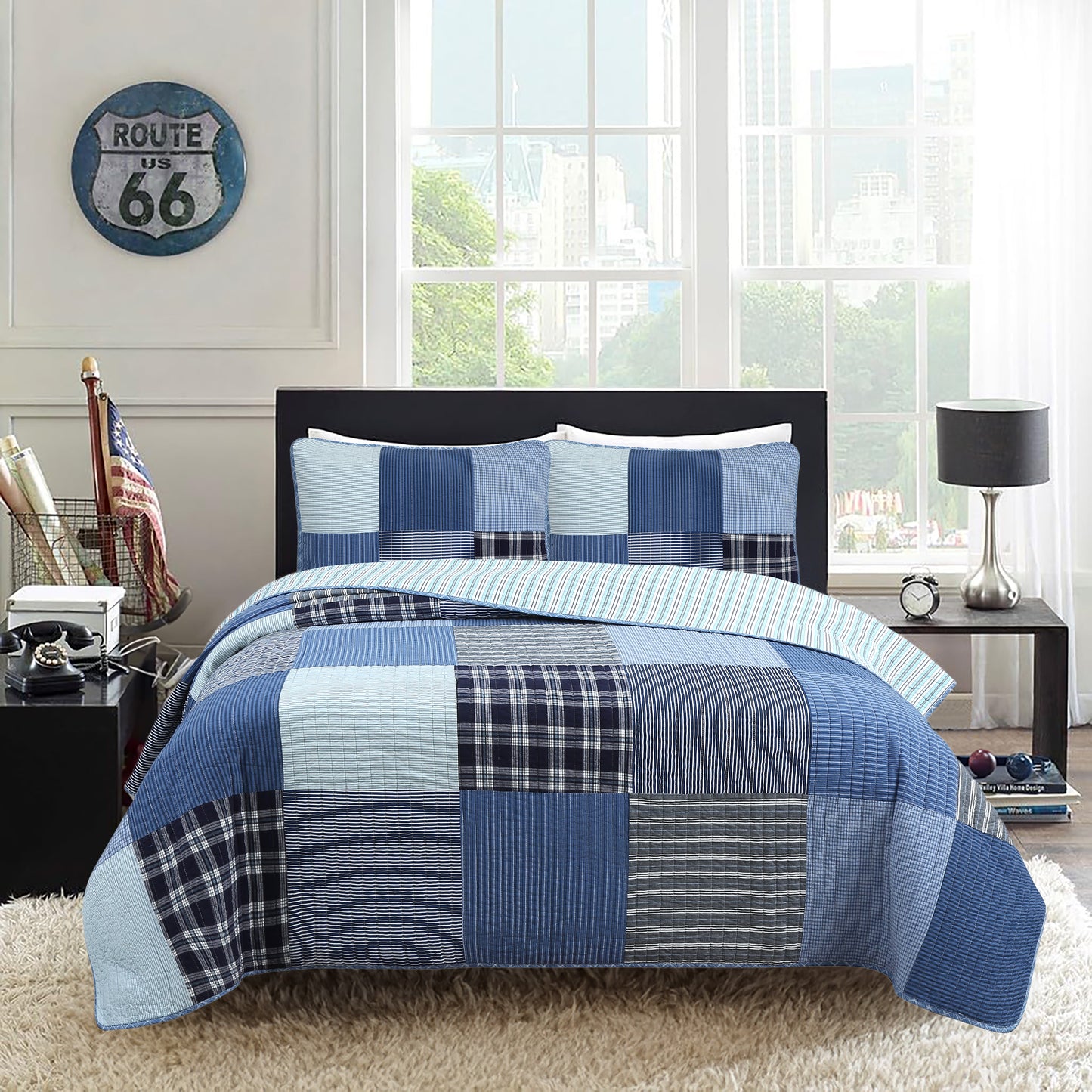 Navy Klein Blue Plaid Stripe Tartan Patchwork Cotton Reversible Quilt Bedding Set