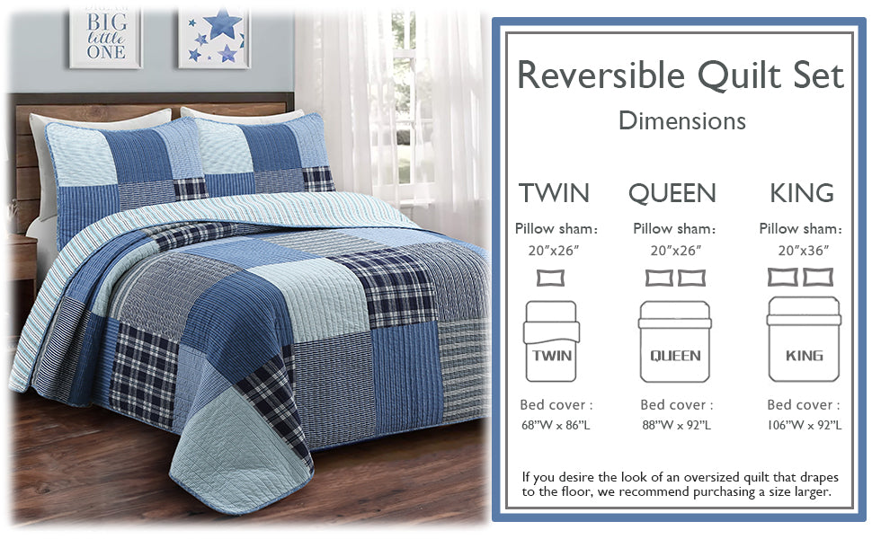 Navy Klein Blue Plaid Stripe Tartan Patchwork Cotton Reversible Quilt Bedding Set