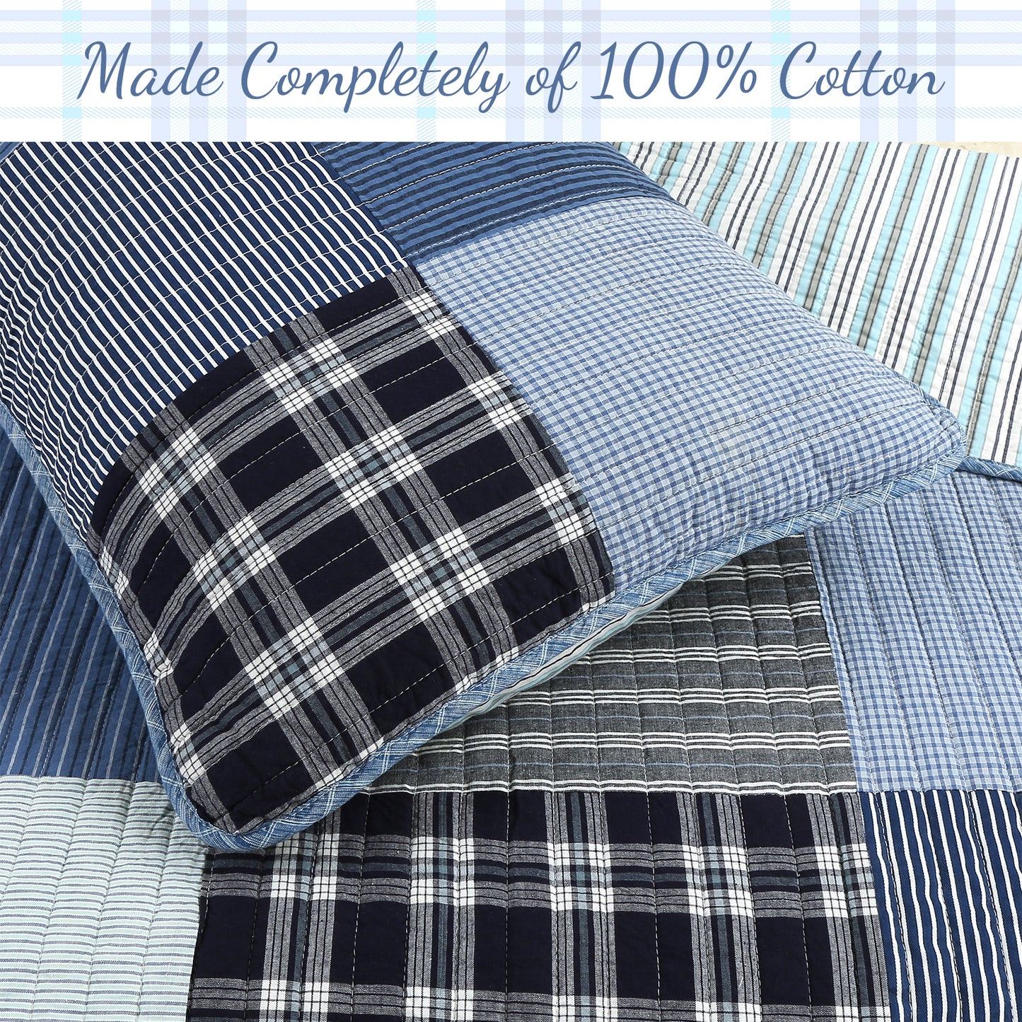 Navy Klein Blue Plaid Stripe Tartan Patchwork Cotton Reversible Quilt Bedding Set