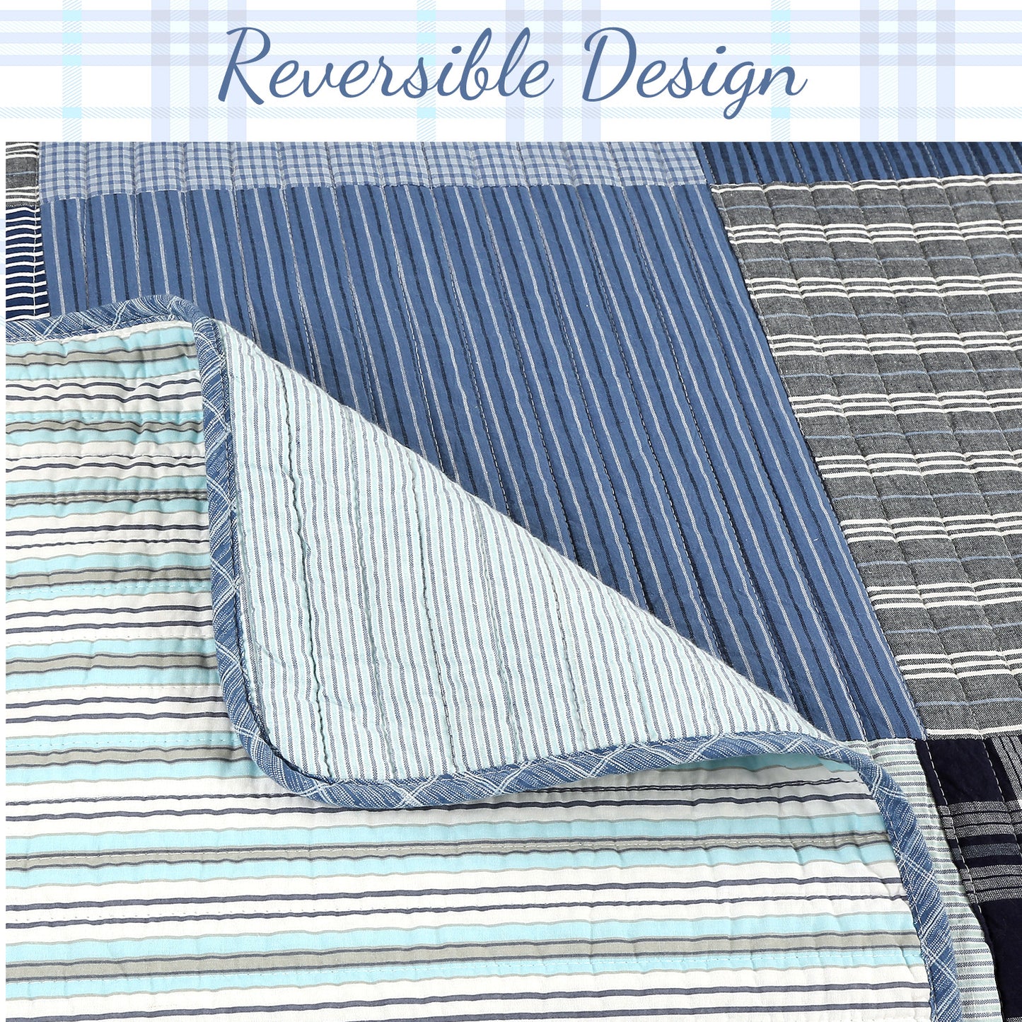 Navy Klein Blue Plaid Stripe Tartan Patchwork Cotton Reversible Quilt Bedding Set