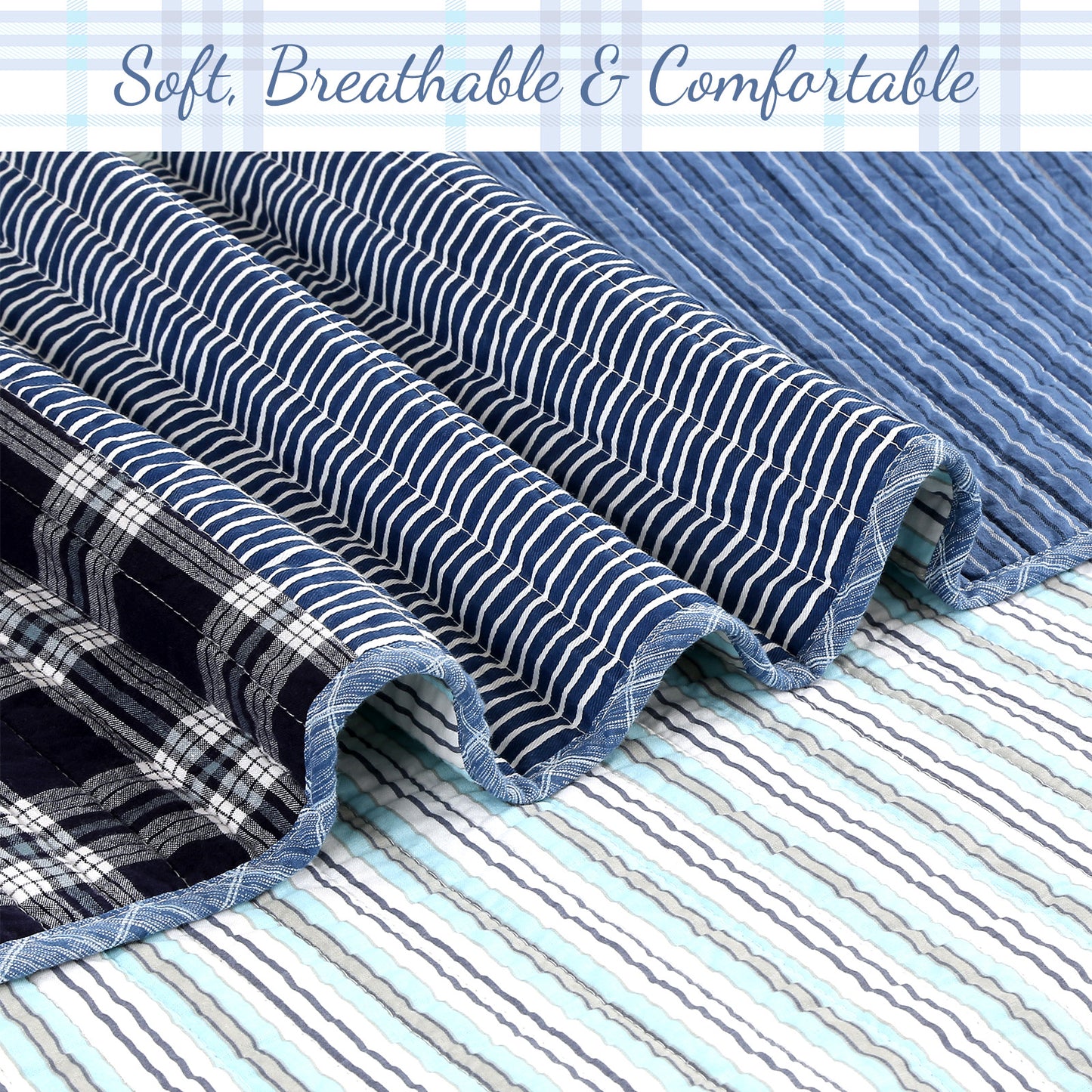 Navy Klein Blue Plaid Stripe Tartan Patchwork Cotton Reversible Quilt Bedding Set