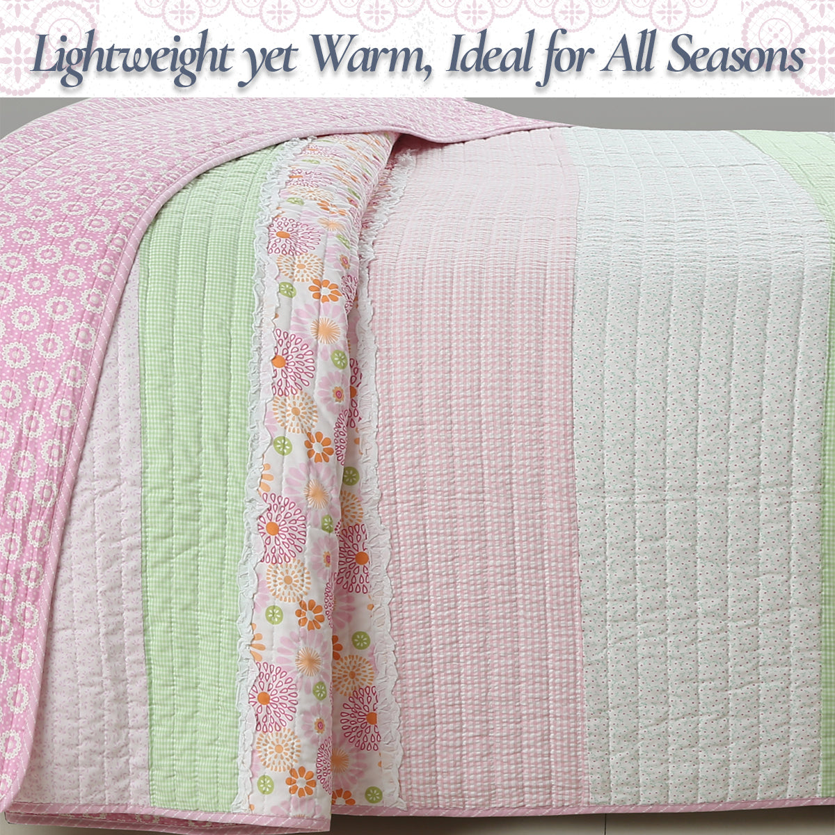 Pink Floral Fun Whimsy Gingham Stripe Cotton Quilt Bedding Set