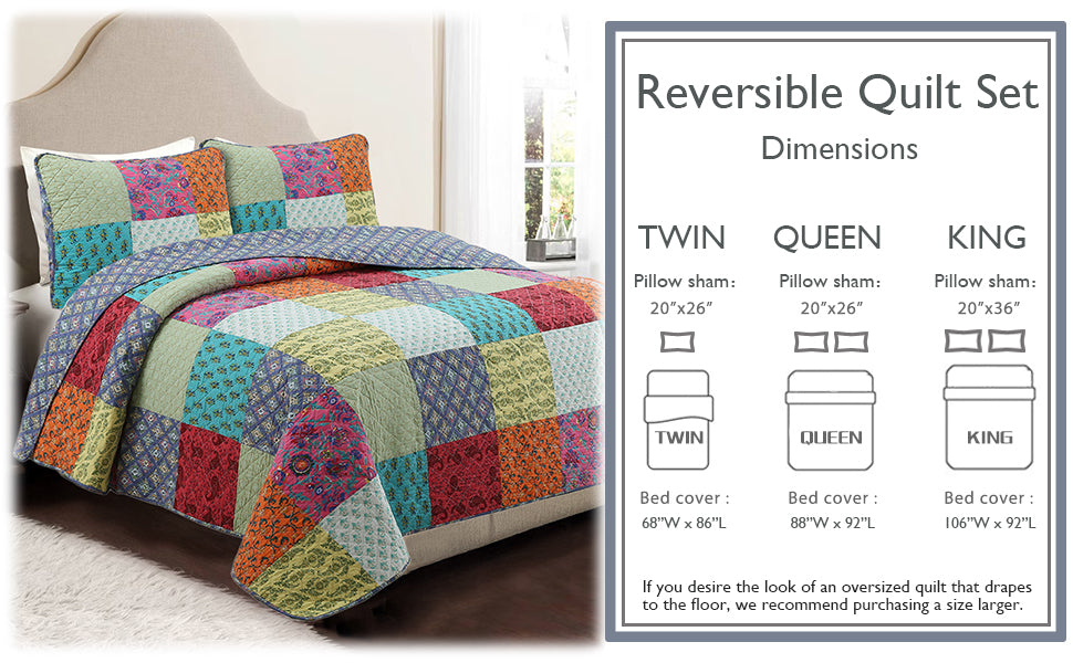 Bold Bright Multi Color Boho Floral Patchwork 3 Piece Cotton Quilt Bedding Set
