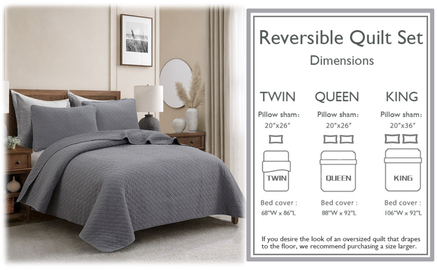 Square Checkered Crisp Clean Solid Chic Gray 3 Piece Cotton Reversible Quilt Bedding Set