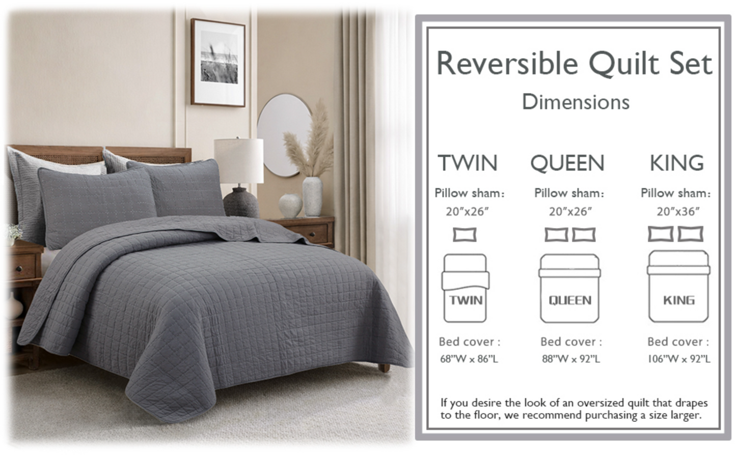 Solid Chic Gray Square Gingham Checkered 3 Piece Cotton Reversible Quilt Bedding Set