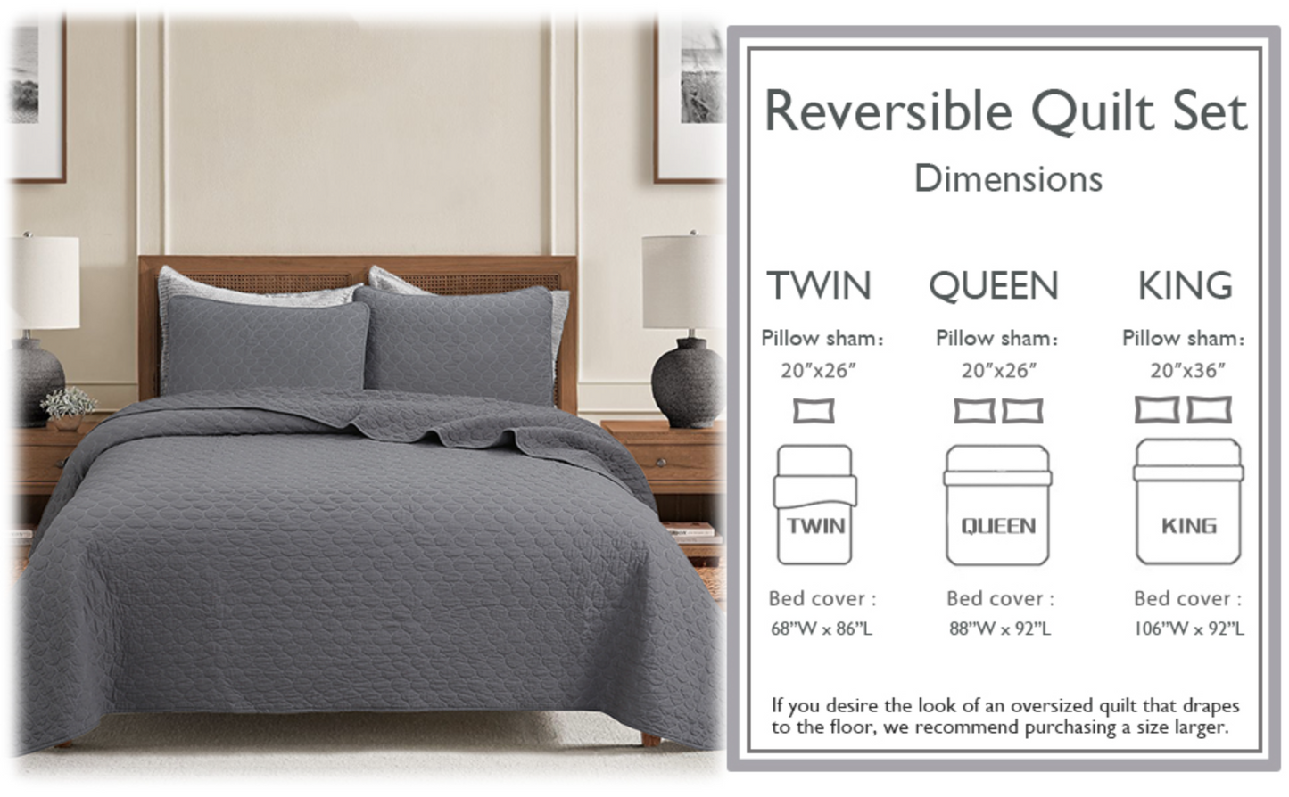 Ogee Classic Solid Chic Gray 3 Piece Cotton Quilt Bedding Set