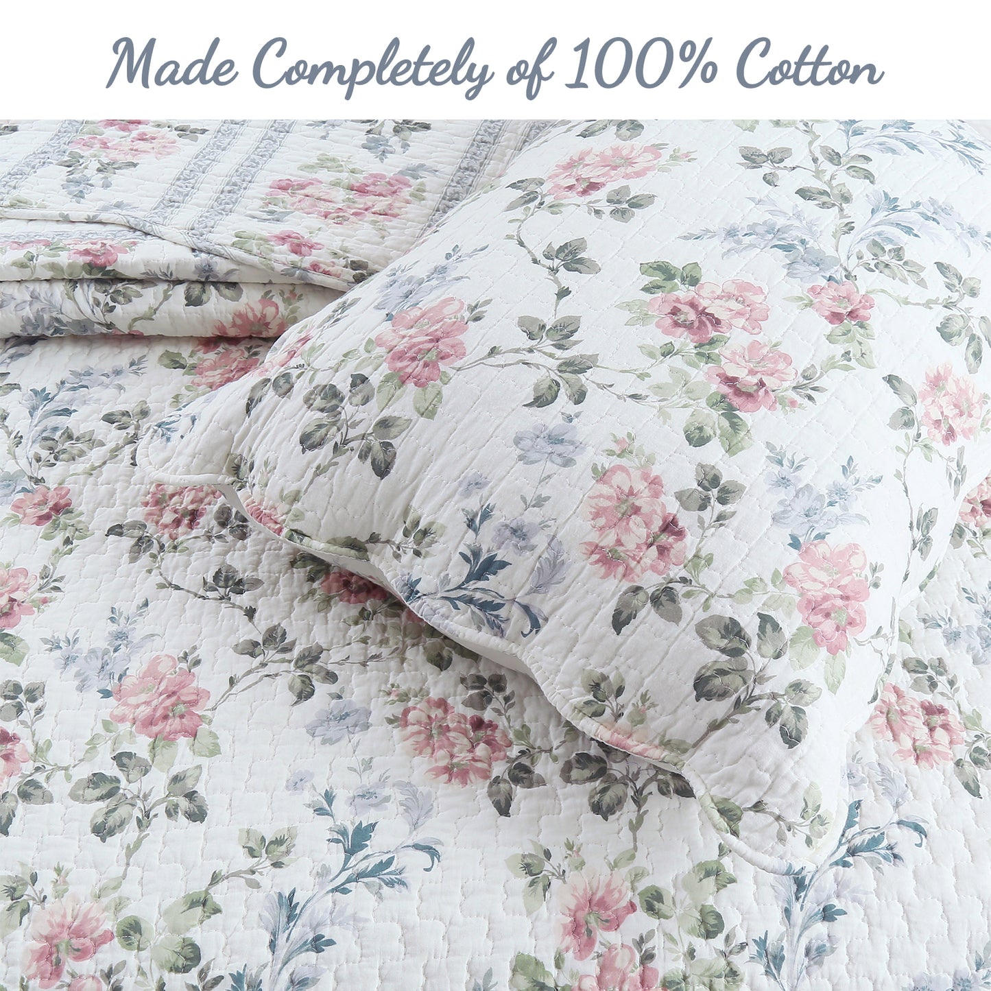 Centers Floral Print Garden Scalloped Edge 3-Piece Cotton Reversible Quilt Bedding Set