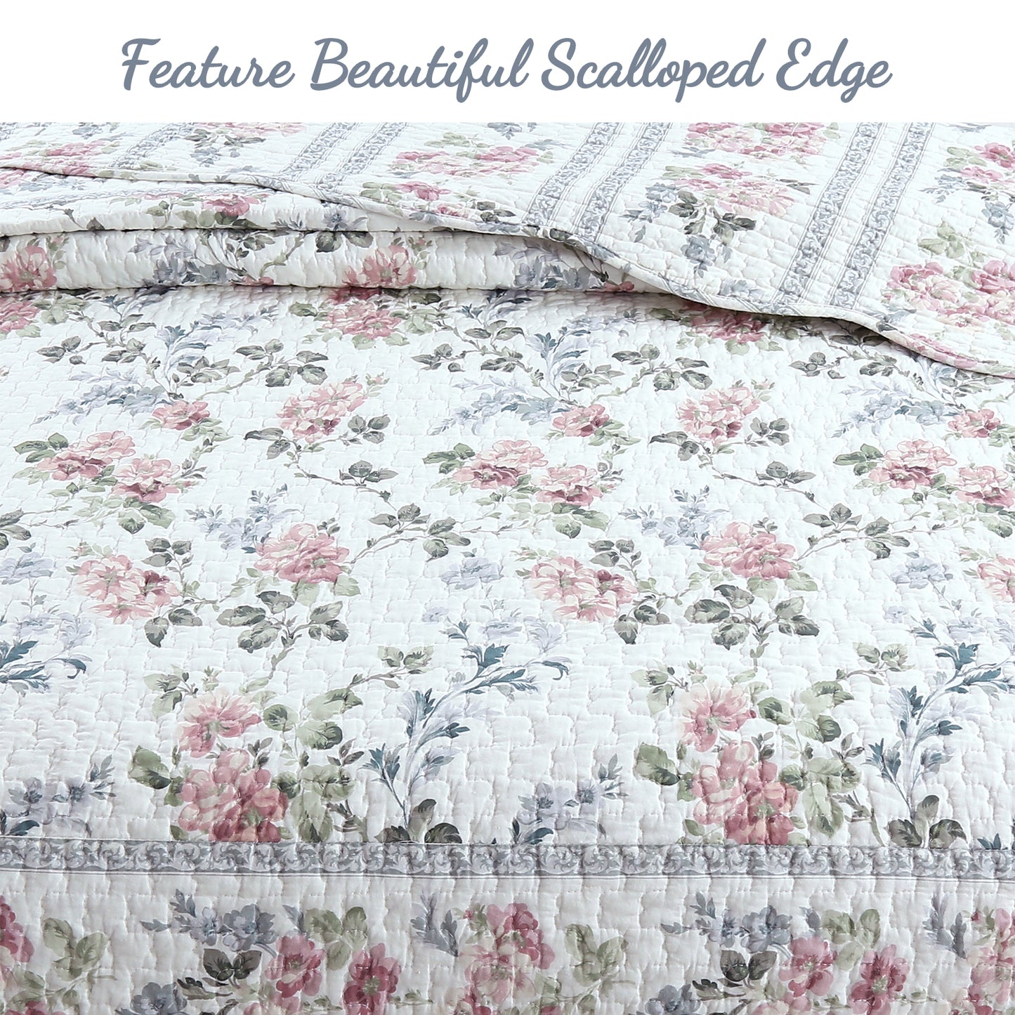 Centers Floral Print Garden Scalloped Edge 3-Piece Cotton Reversible Quilt Bedding Set