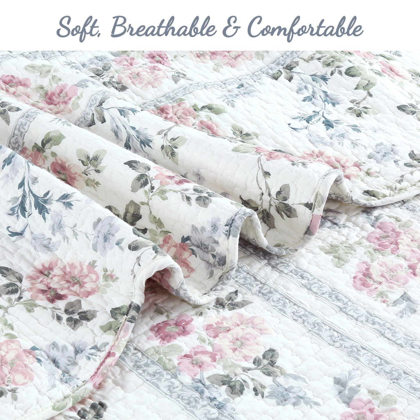 Centers Floral Print Garden Scalloped Edge 3-Piece Cotton Reversible Quilt Bedding Set