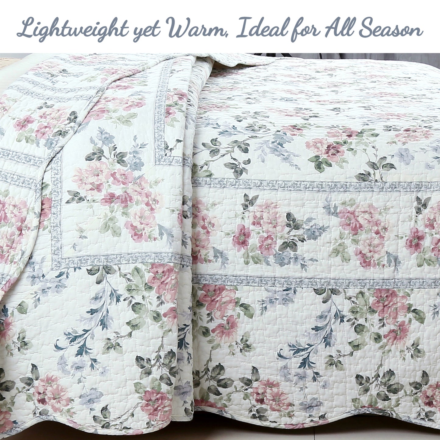 Centers Floral Print Garden Scalloped Edge 3-Piece Cotton Reversible Quilt Bedding Set