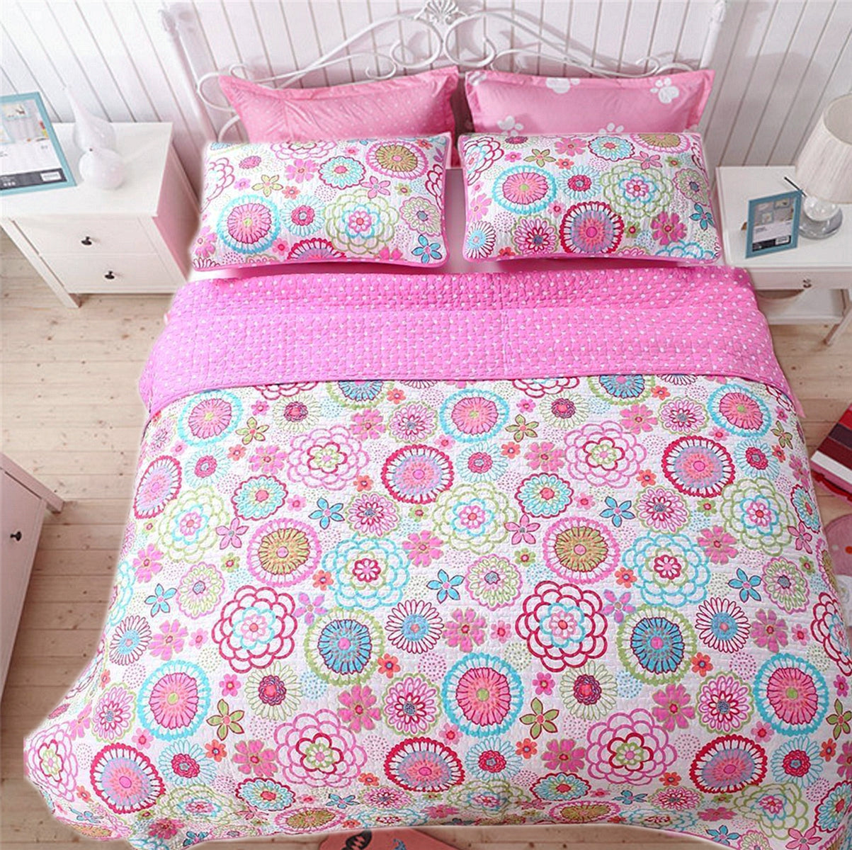 Mariah Pink Floral Dot Reversible Quilt Bedding Set