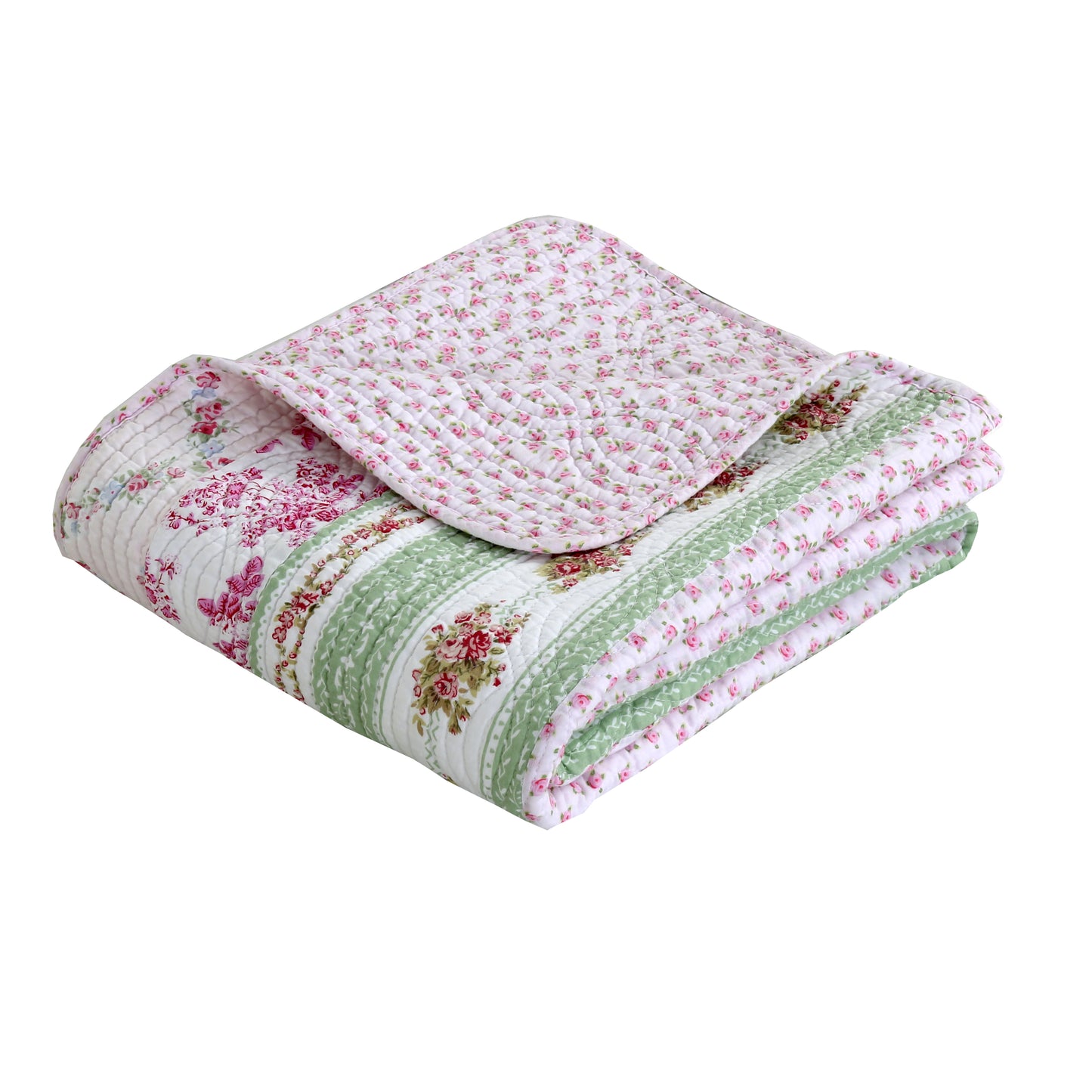 Wild Rose Enchantment Floral Bloom Garden Stripe Real Patchwork Reversible Quilt Bedding Set