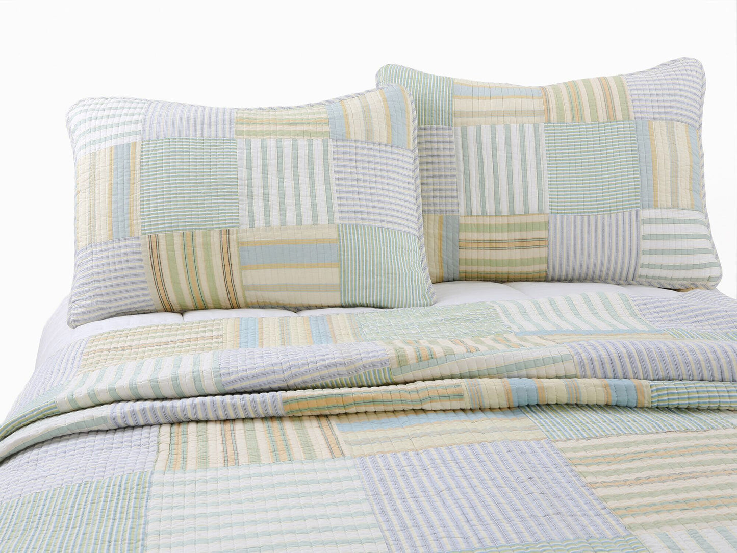 Spa Striped Real Patchwork Cotton Reversible Quilt Bedding Set