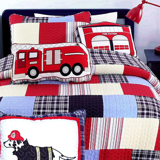 Ryan Brick Plaid Print Patchwork Fire Cotton Reversible Quilt Bedding Set