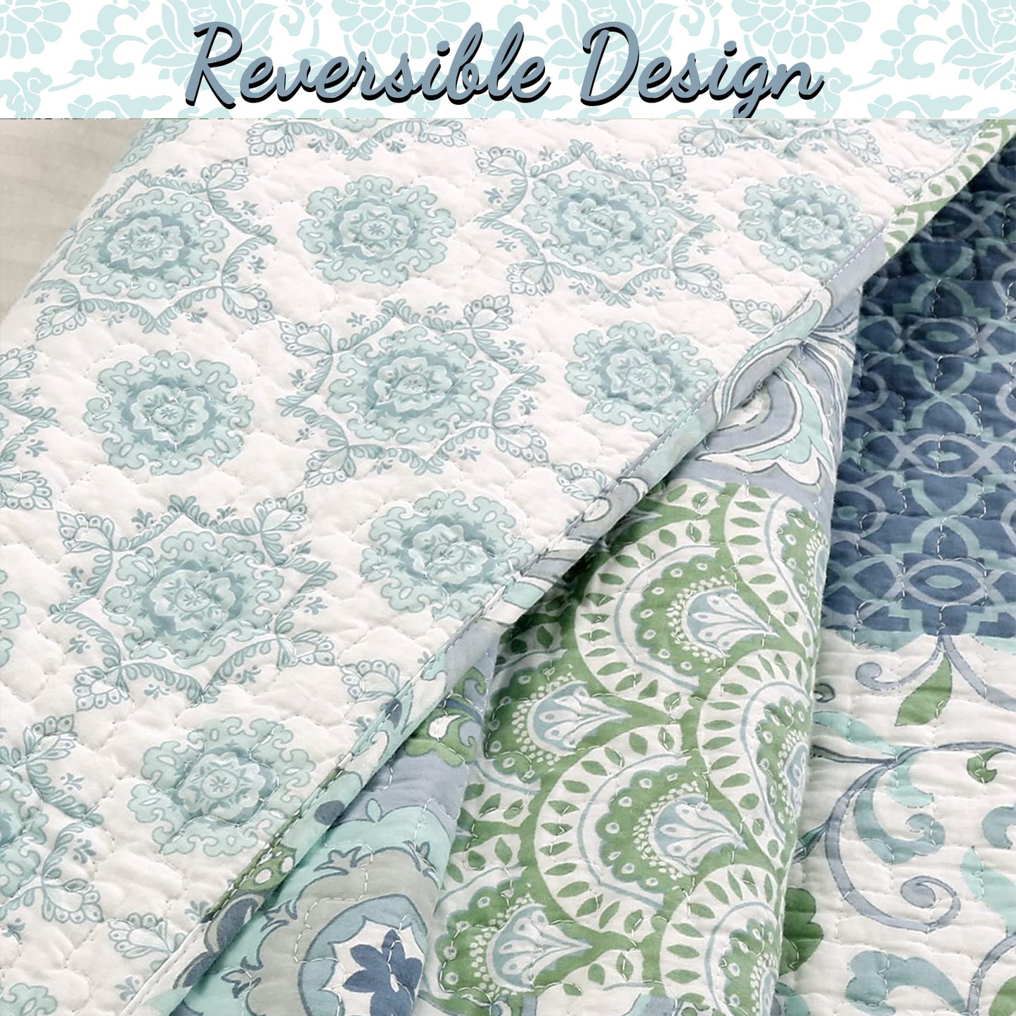 Windfall Blue Print Patchwork Cotton Reversible Quilt Bedding Set