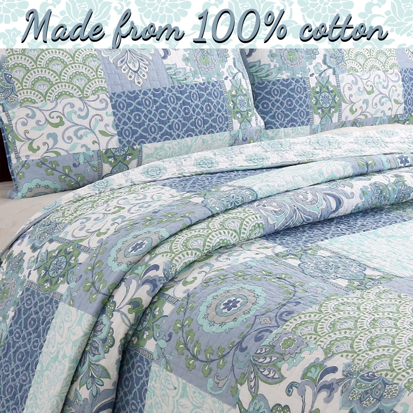 Windfall Blue Print Patchwork Cotton Reversible Quilt Bedding Set