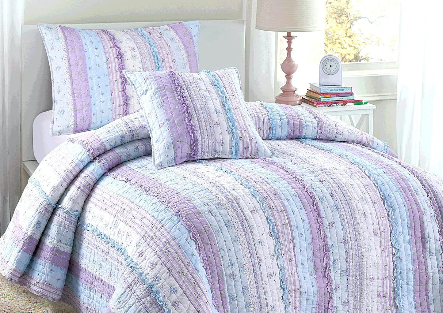 Romantic Chic Lace Ruffle Lavender Purple Real Patchwork Cotton Reversible Quilt Bedding Set