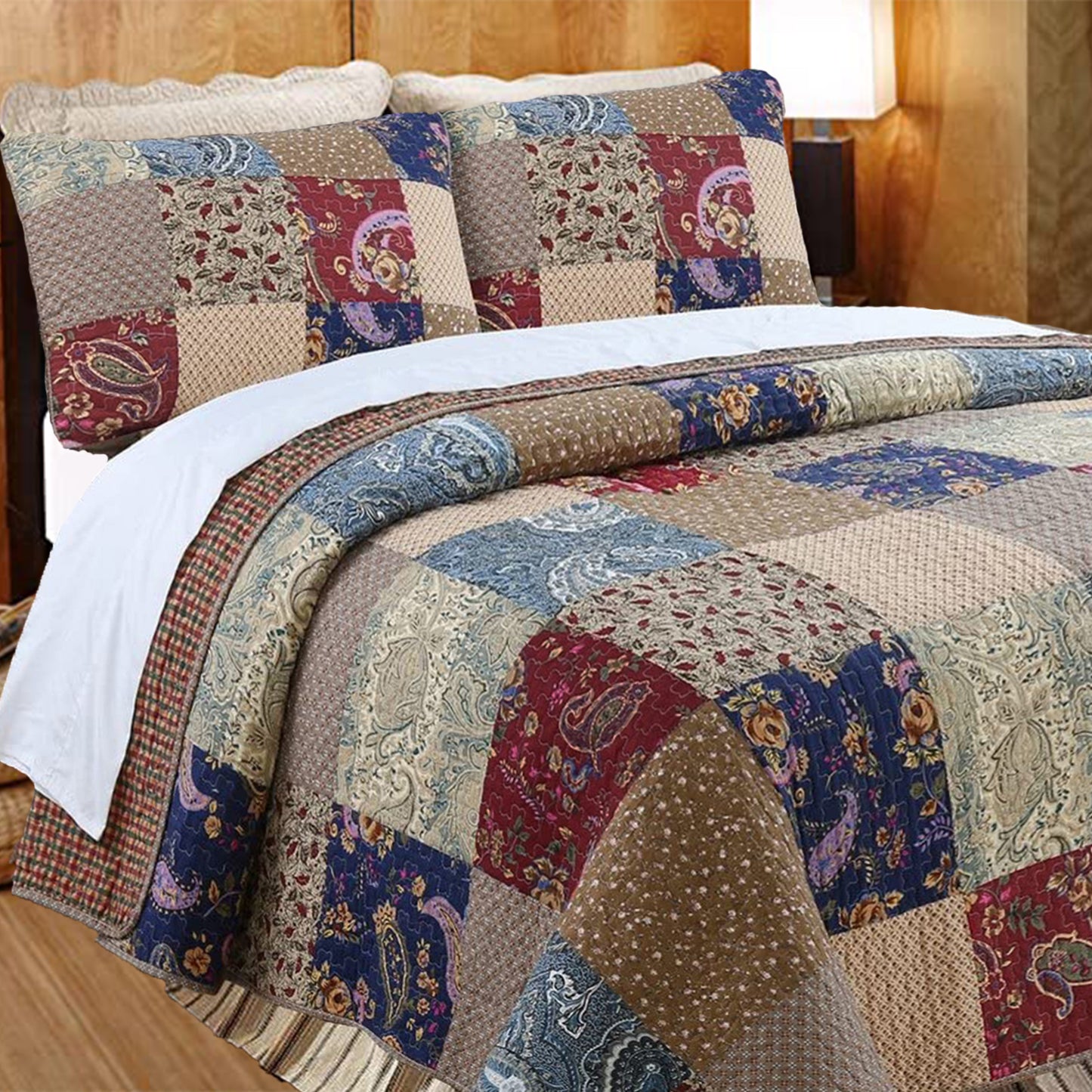 Hyler Sanders Floral Paisley Real Patchwork 3-Piece Cotton Reversible Quilt Bedding Set