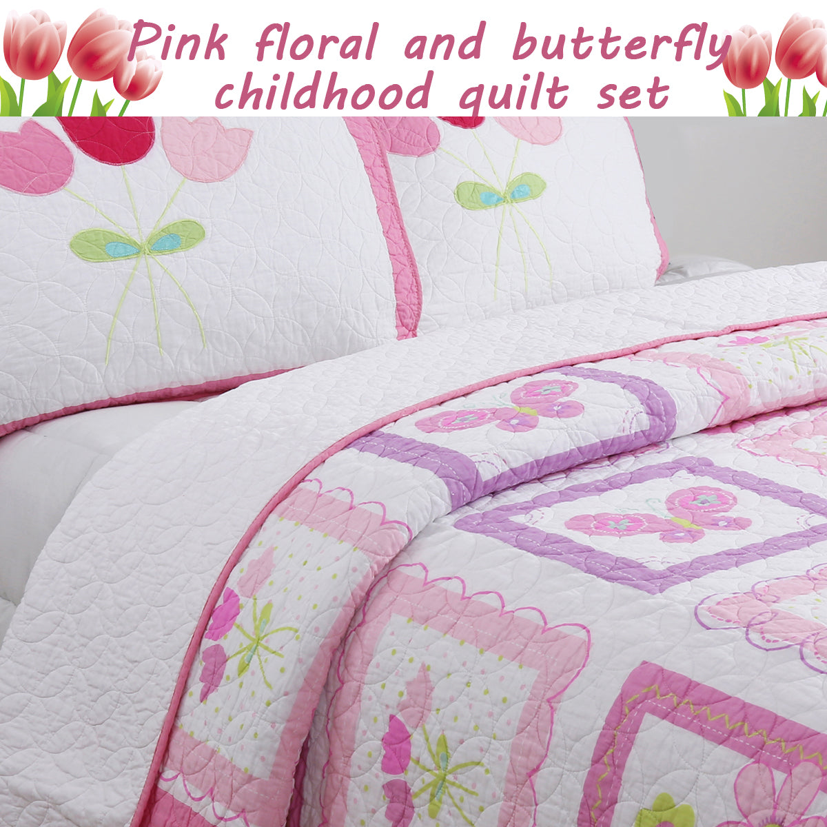 Butterfly Flower Pink Print Patchwork Twin Cotton Reversible Quilt Bedding Set