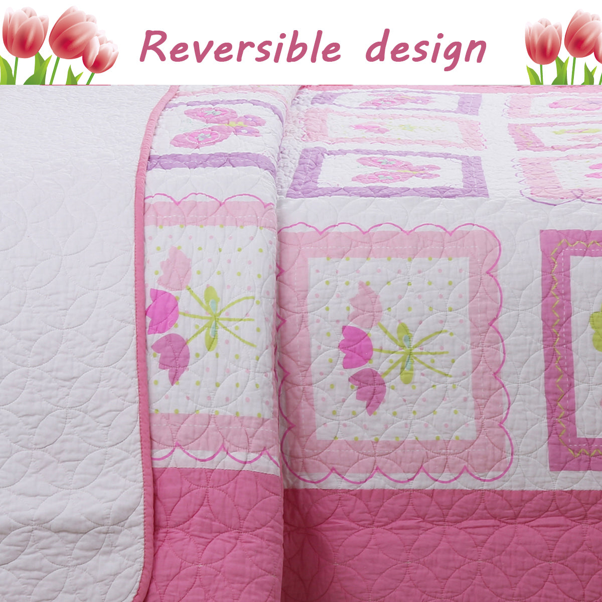 Butterfly Flower Pink Print Patchwork Twin Cotton Reversible Quilt Bedding Set
