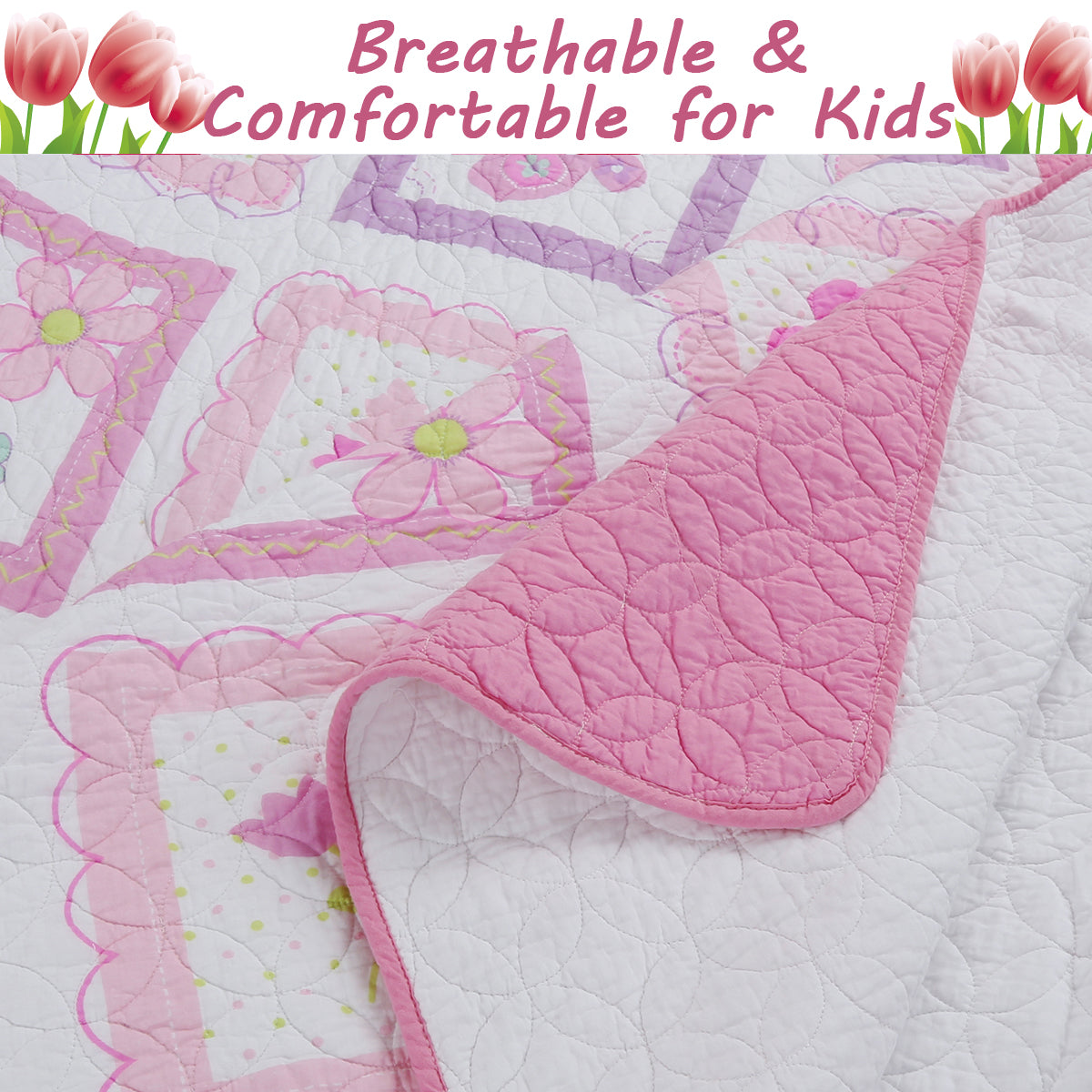 Butterfly Flower Pink Print Patchwork Twin Cotton Reversible Quilt Bedding Set