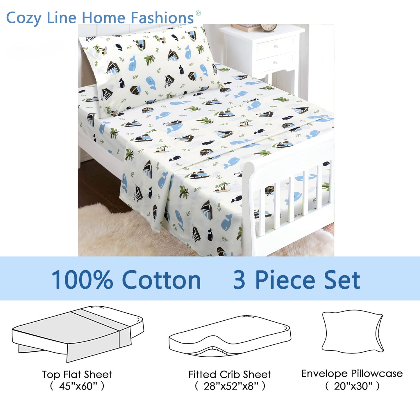 3-Piece Crib/Toddler Cotton Sheet Set White Blue Ocean Whale Ships Sail Monkey Island