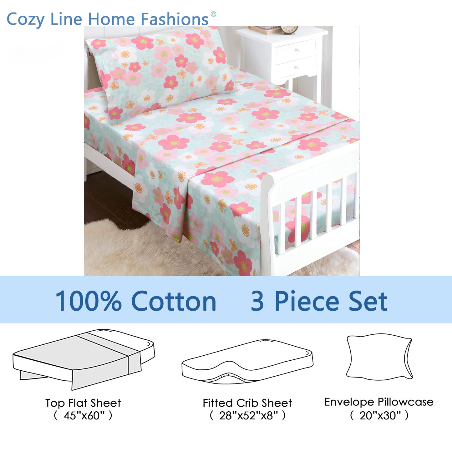 3-Piece Crib/Toddler Cotton Sheet Set Teal Pink Flower Rosa Flourish Butterfly