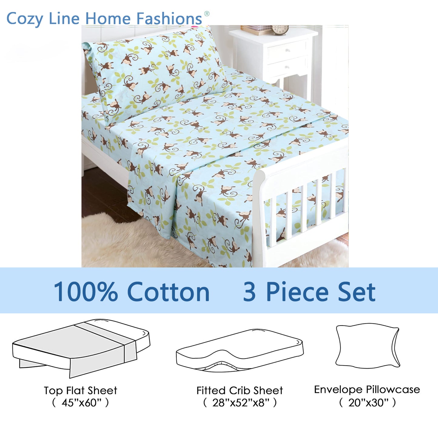 3-Piece Crib/Toddler Cotton Sheet Set Blue Jungle Monkey Tails Swing