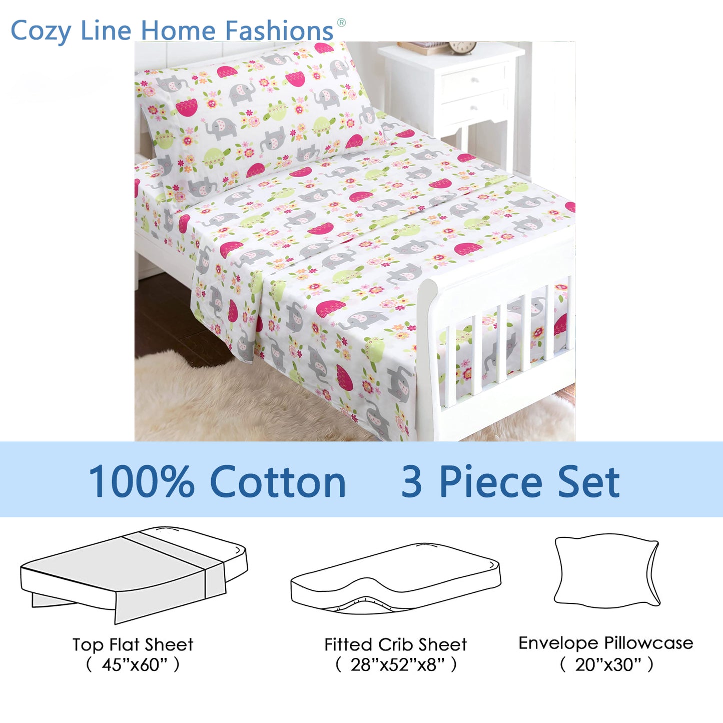 3-Piece Crib/Toddler Cotton Sheet Set White Pink Grey Sweet Floral Friends Baby Elephant Turtle