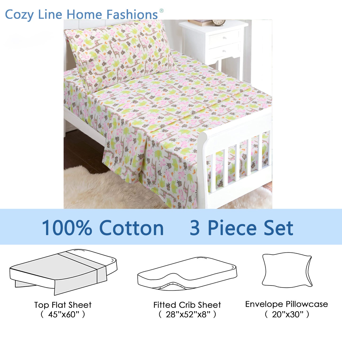 3-Piece Crib/Toddler Cotton Sheet Set Pink Jungle Zoo Animal Friends Giraffe Monkey Elephant Zebra Bird