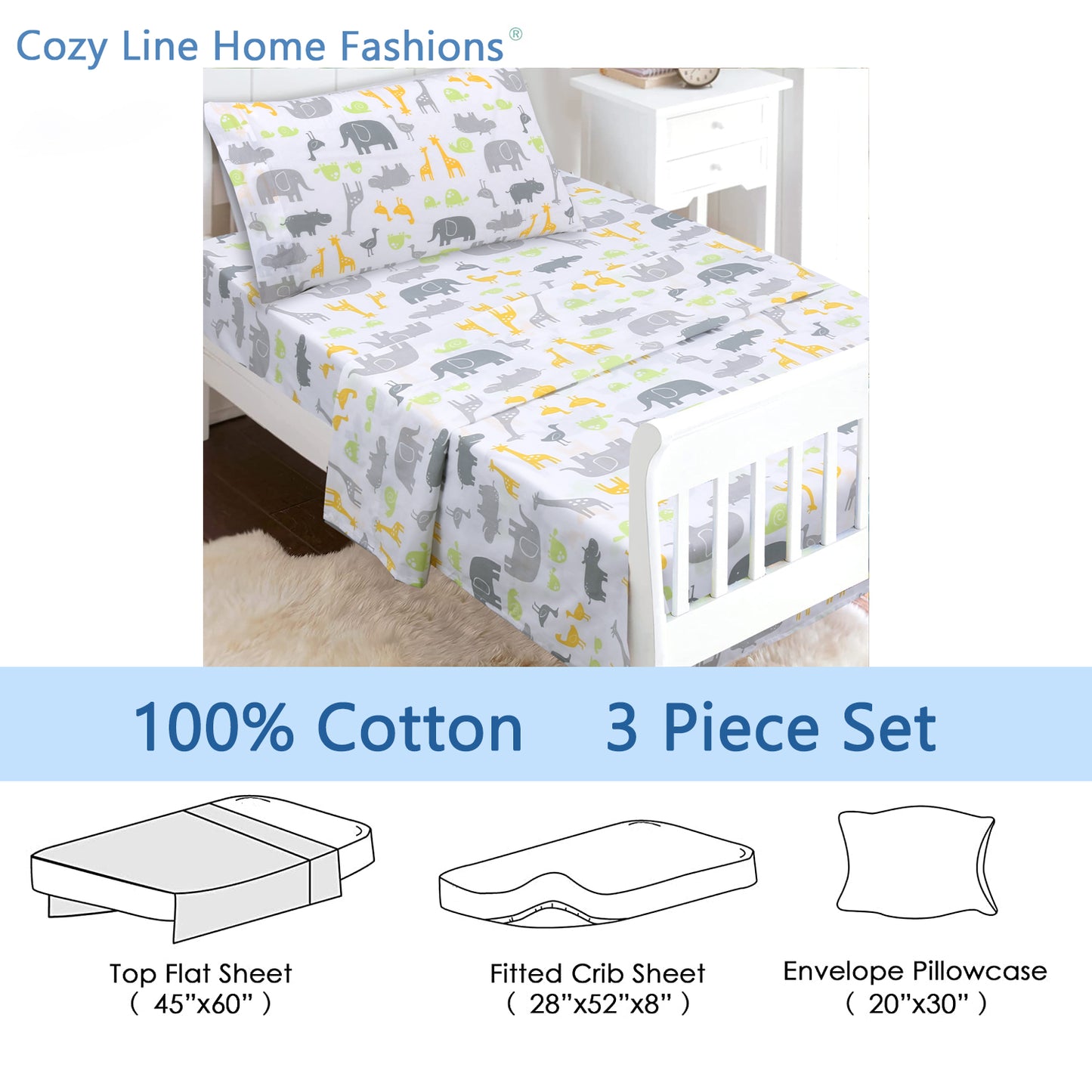 3-Piece Crib/Toddler Cotton Sheet Set Grey Yellow Safari Fun Animals Elephant Giraffe Hippo