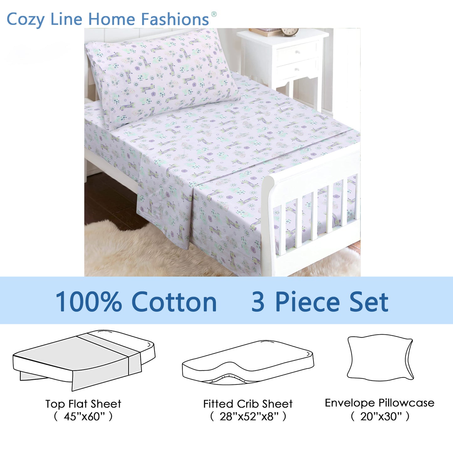 3-Piece Crib/Toddler Cotton Sheet Set Pink Gypsy Floral Spirograph Animals Giraffe Hippo Elephant