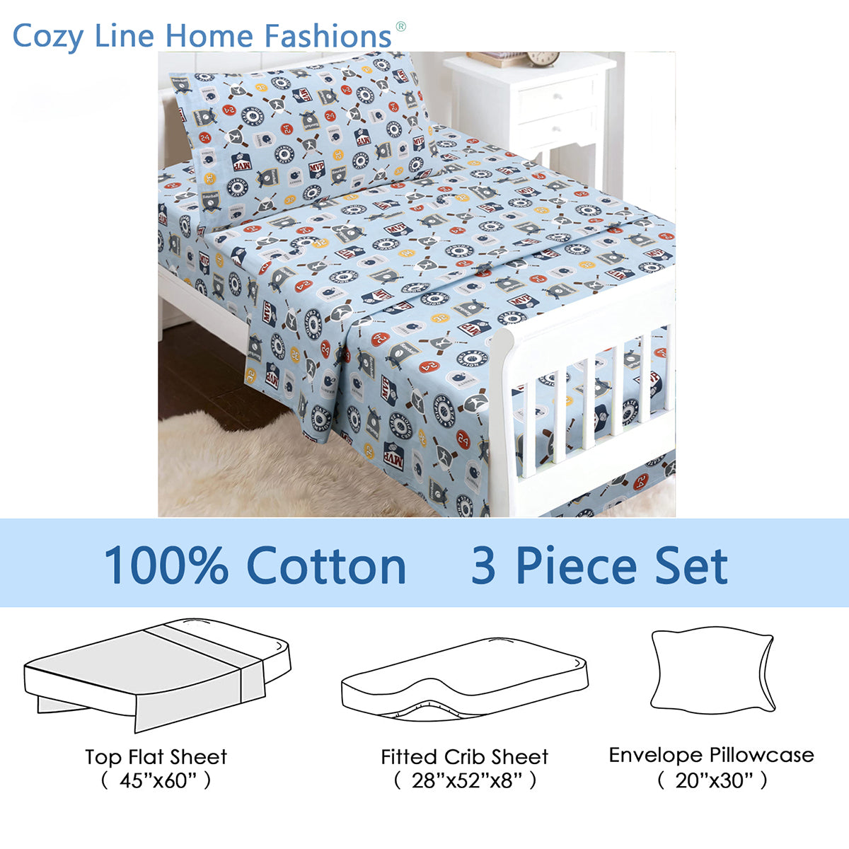 3-Piece Crib/Toddler Cotton Sheet Set Blue MVP Sports #32 #24 Basketball Baseball Football