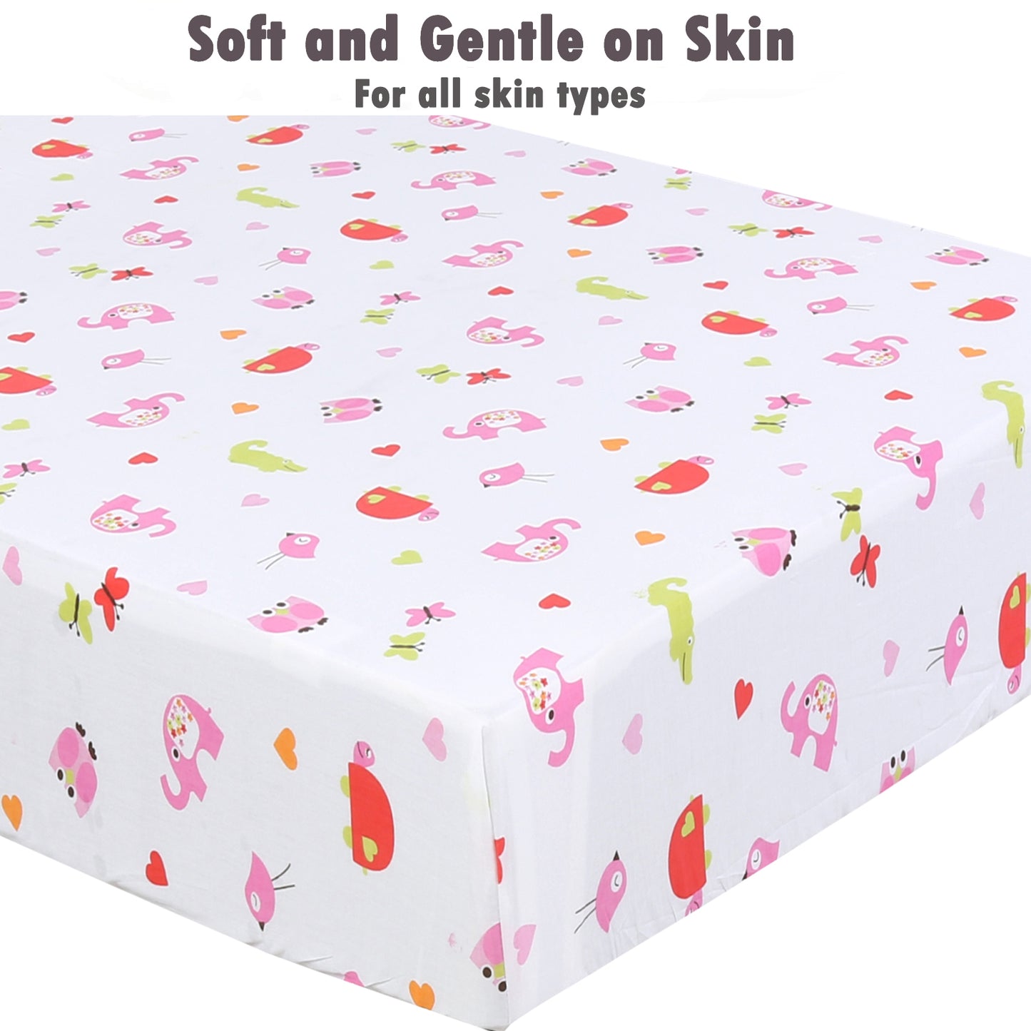 3 Piece Crib/Toddler Cotton Fitted Sheets Pink Colorful Owls Birds Zoo Animals Heart