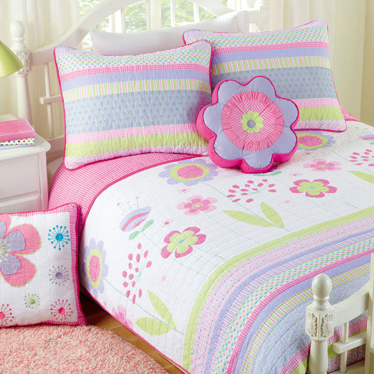 Blossom Floral Pink Purple Stripe Print Cotton Reversible Quilt Bedding Set