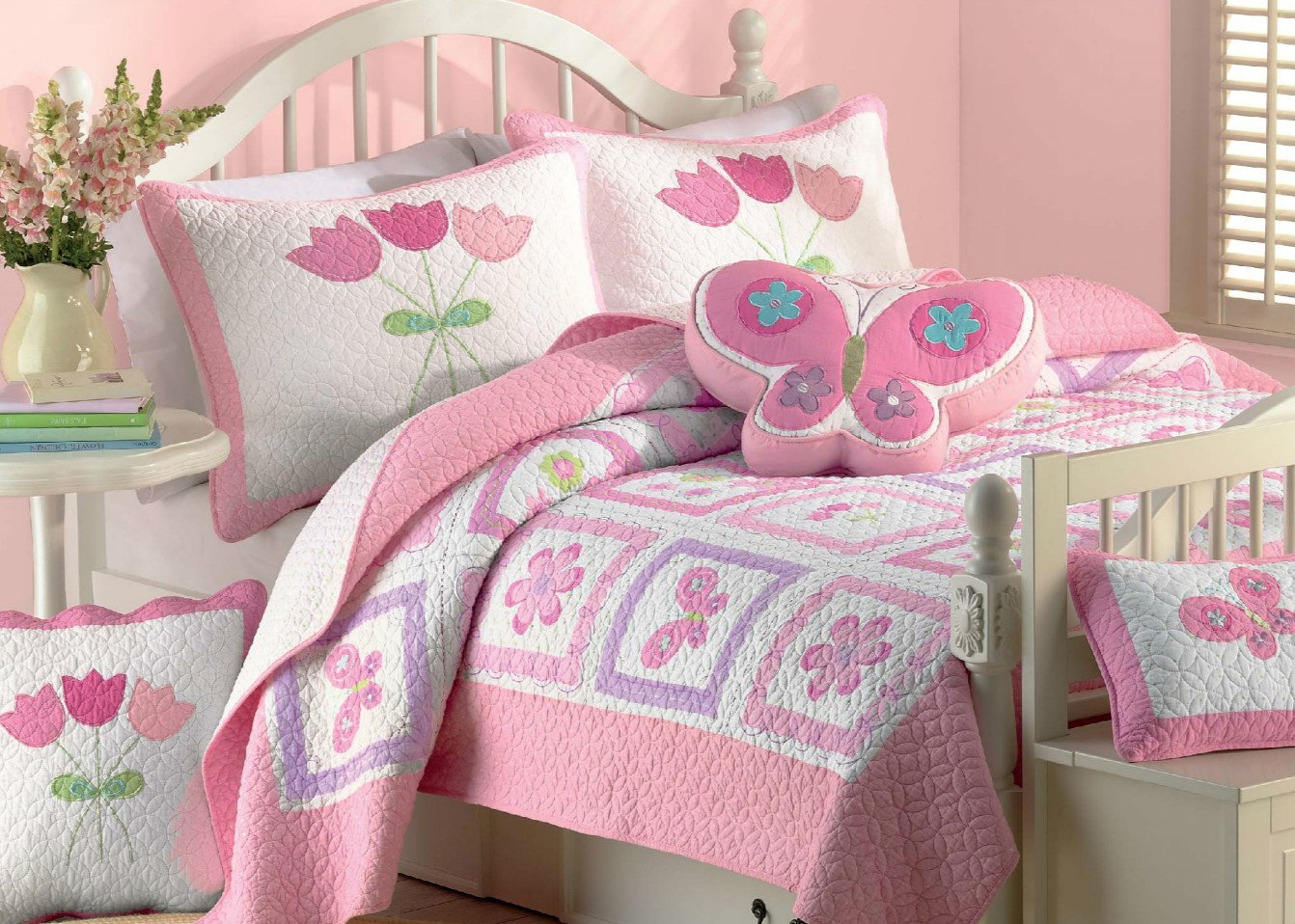 Butterfly Flower Pink Print Patchwork Twin Cotton Reversible Quilt Bedding Set