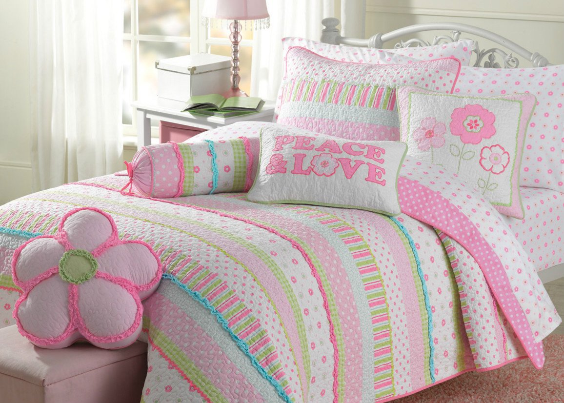 Greta Floral Stripe Pink Real Patchwork Cotton Reversible Quilt Bedding Set