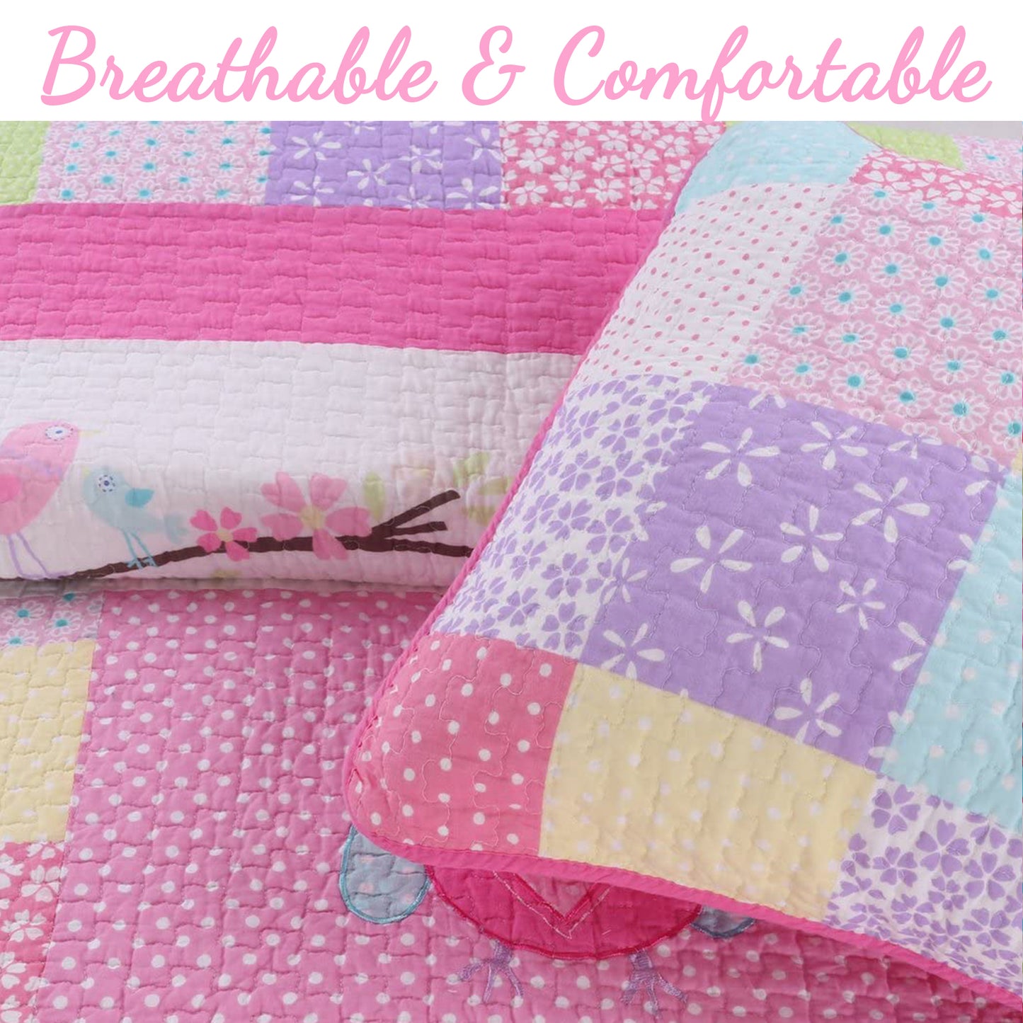 Pink Owl Print Patchwork Cotton Reversible Quilt Bedding Set