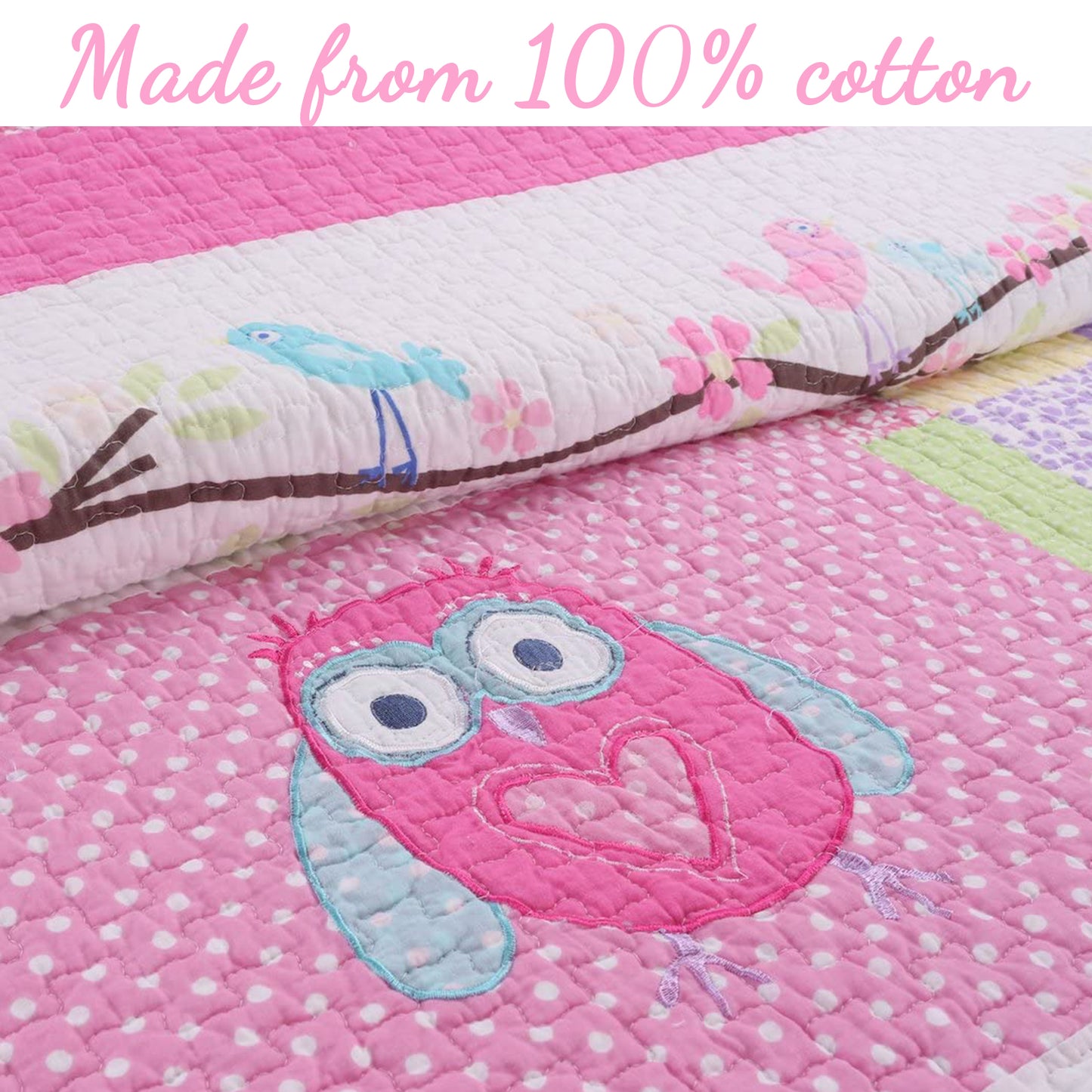 Pink Owl Print Patchwork Cotton Reversible Quilt Bedding Set