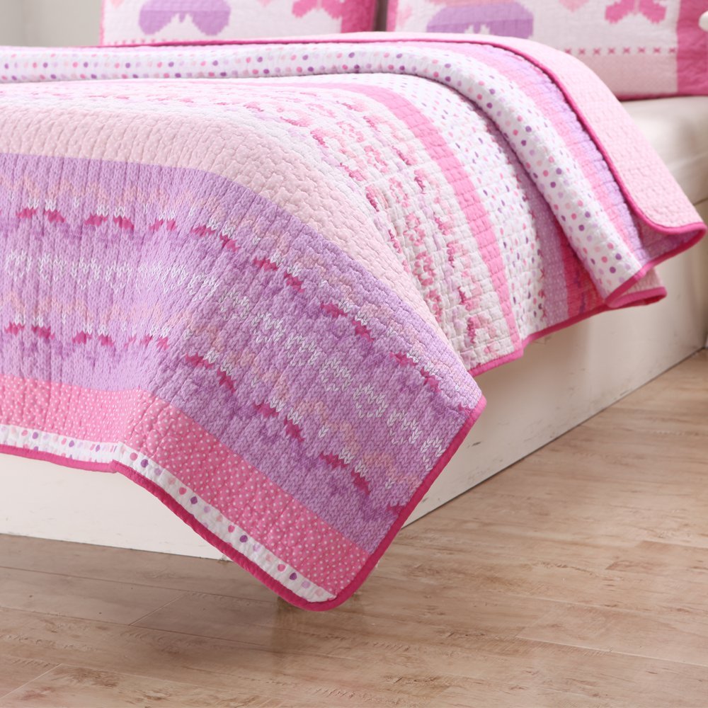 Butterfly Fairisle Pink Purple Striped Sweater Print Cotton Reversible Quilt Bedding Set