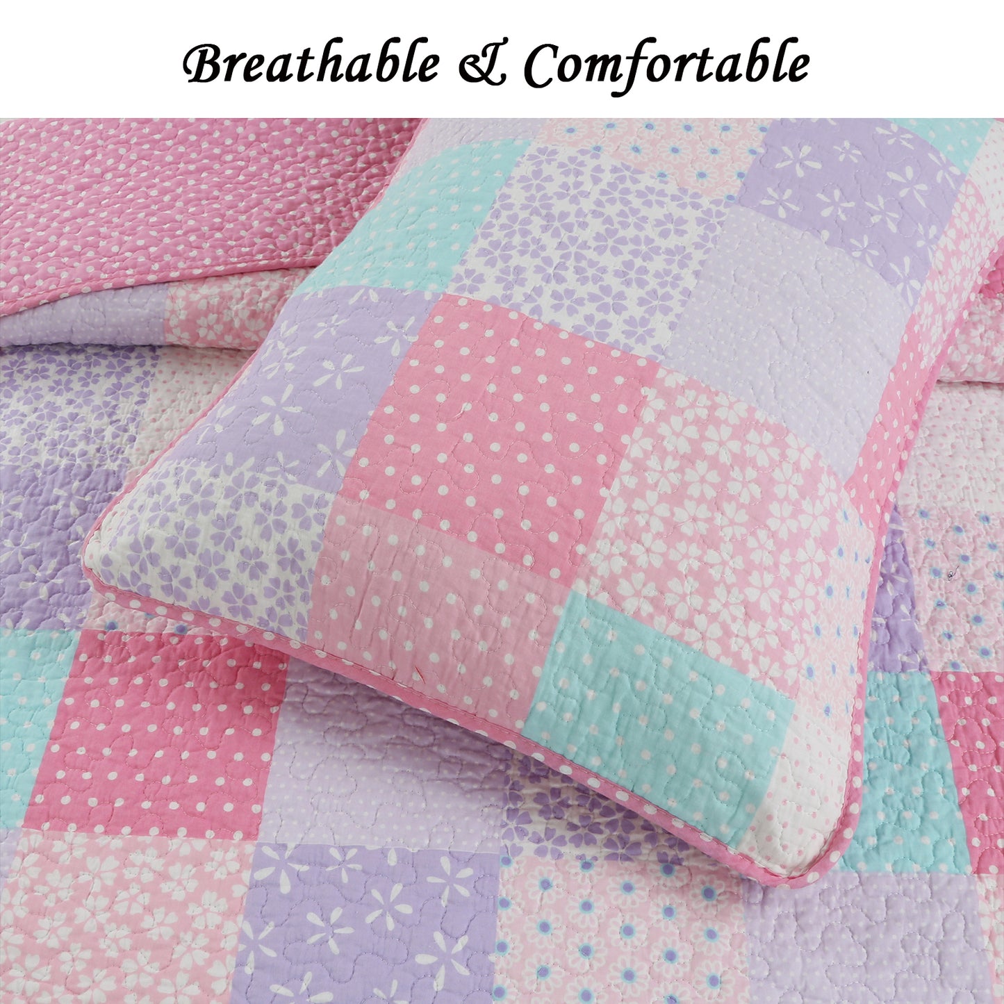 Angelina Pink Floral Dot Print Patchwork Cotton Reversible Quilt Bedding Set