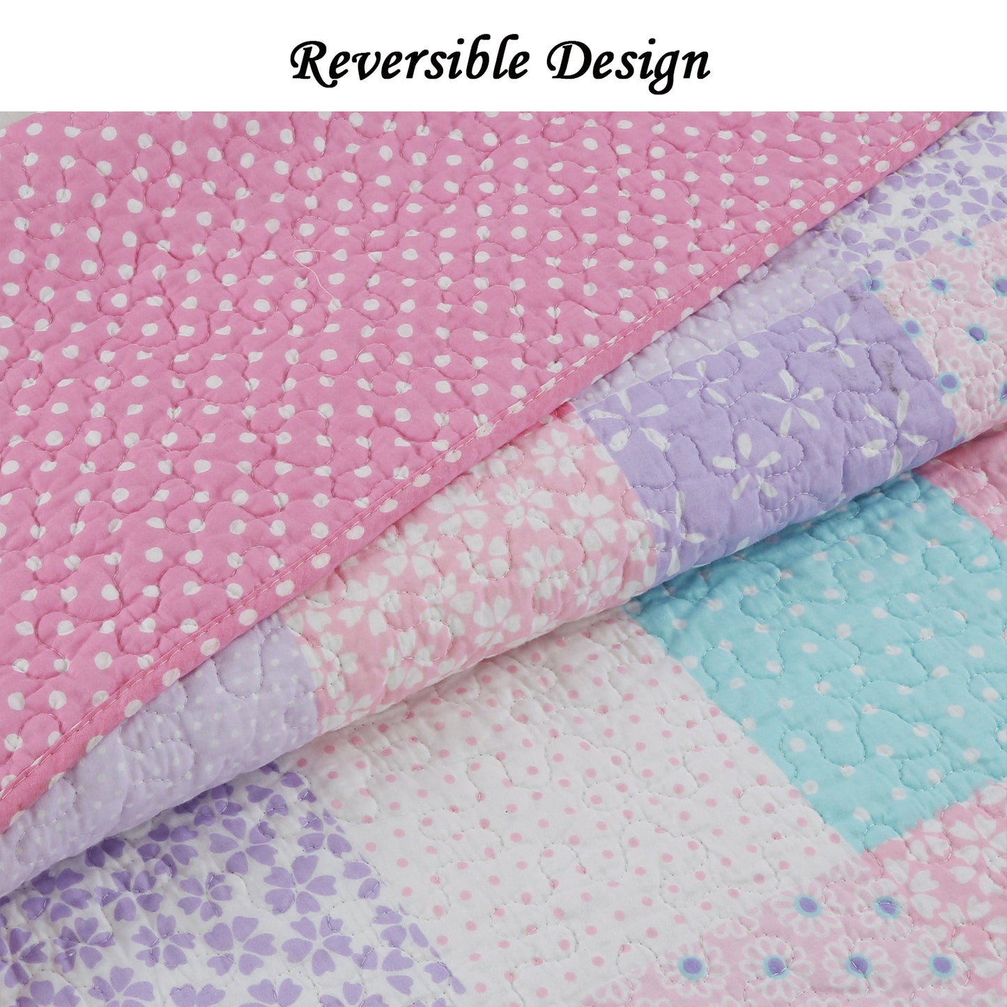 Angelina Pink Floral Dot Print Patchwork Cotton Reversible Quilt Bedding Set