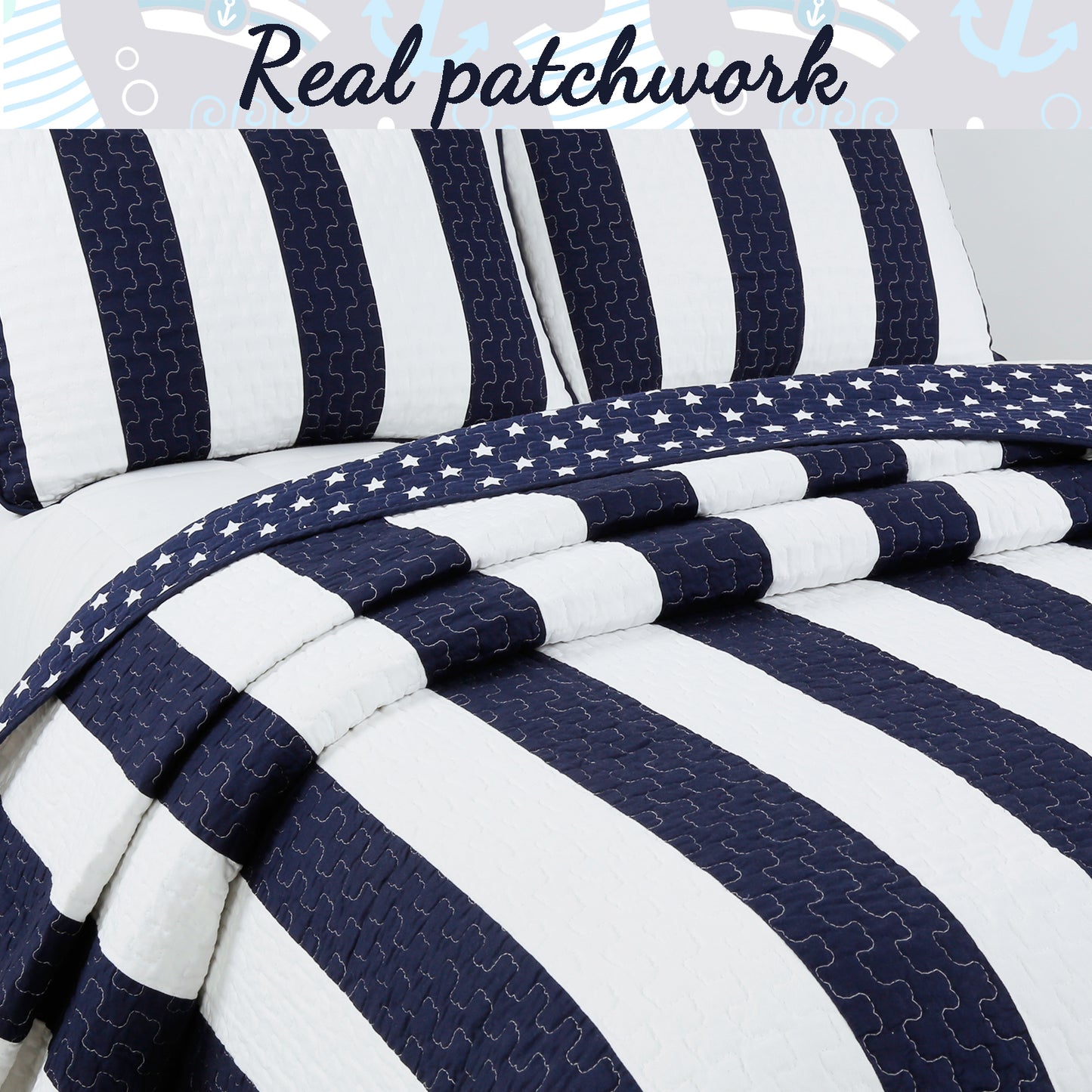 Ameristar Sailor Blue & White Striped Cotton Reversible Quilt Bedding Set