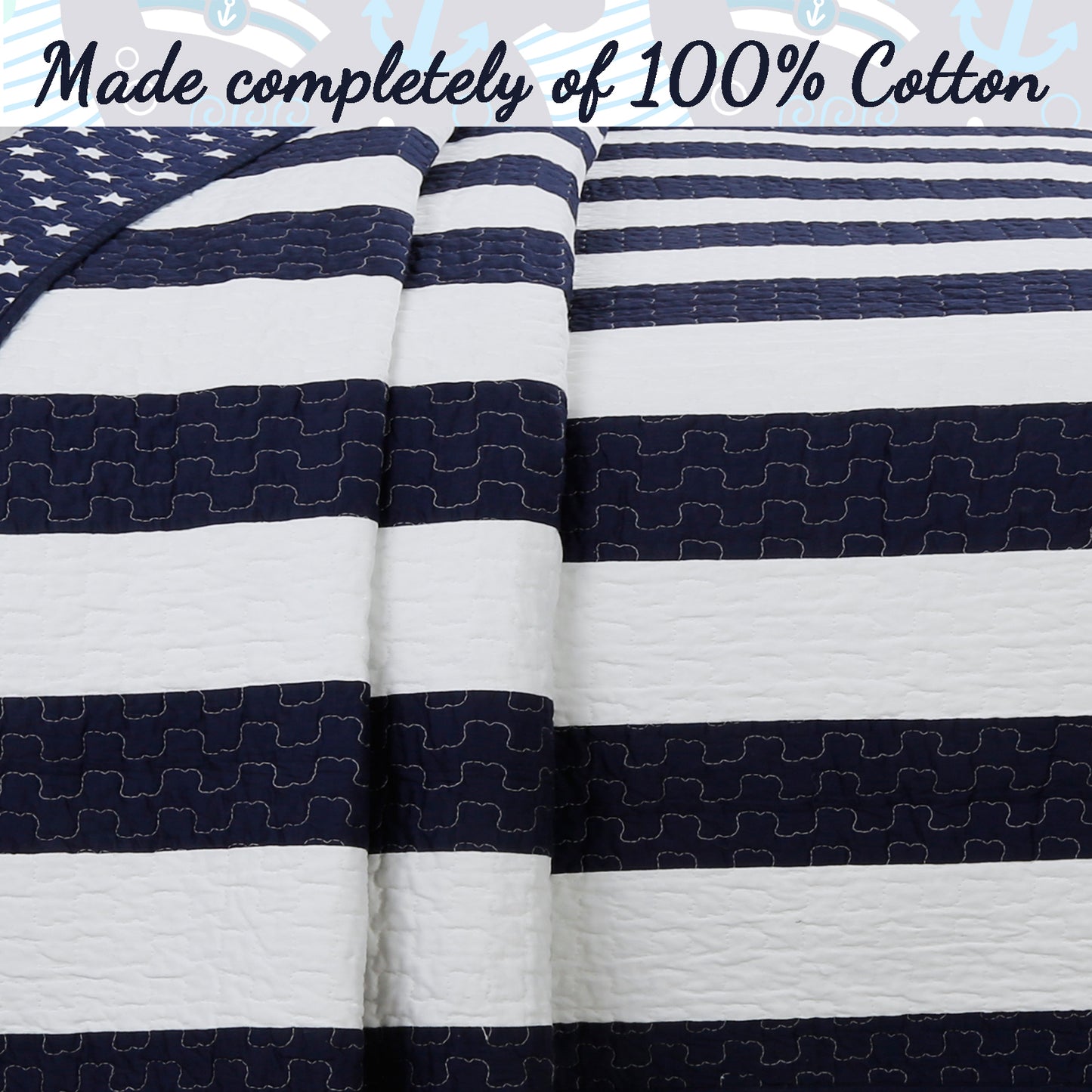 Ameristar Sailor Blue & White Striped Cotton Reversible Quilt Bedding Set